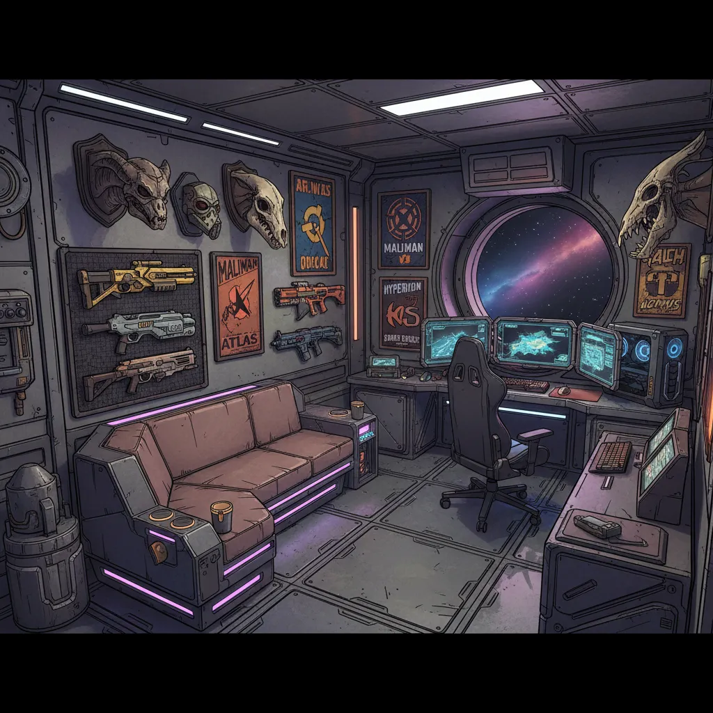 Sanctuary personal quarters with several Borderlands themed decorations