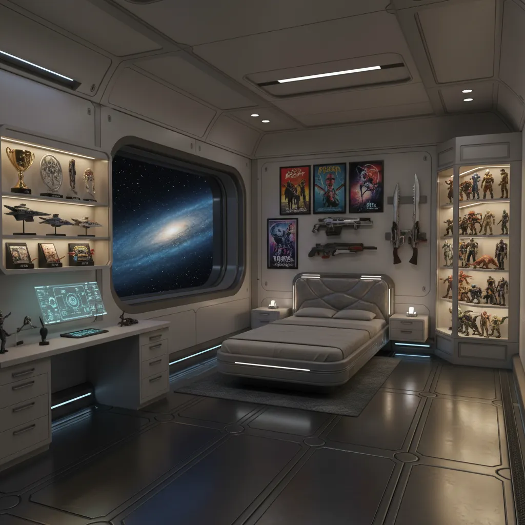 decorated player room with trophies and posters inspired by sanctuary spaceship style