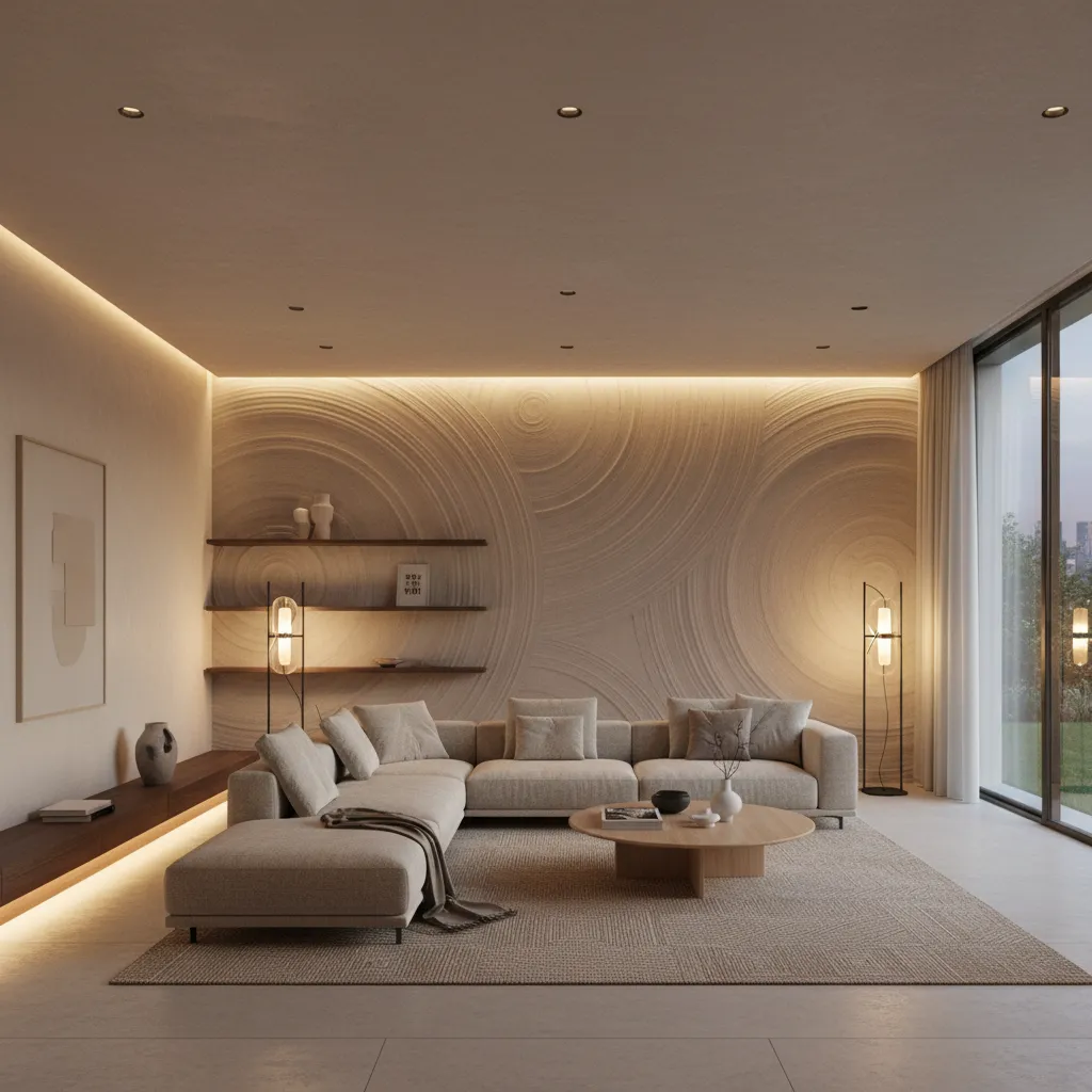 Sand swirl textured wall paint design in a spacious living hall