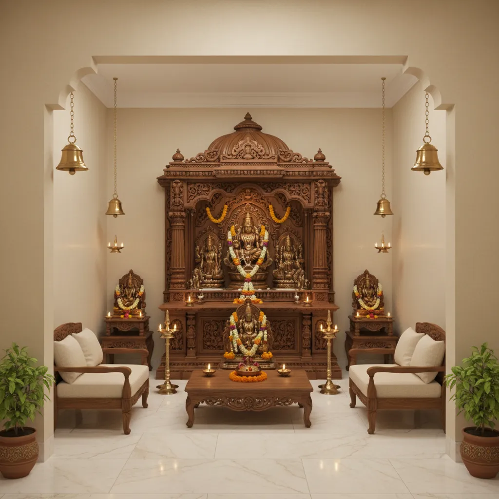 sandalwood beige pooja room walls with wooden temple and brass decor