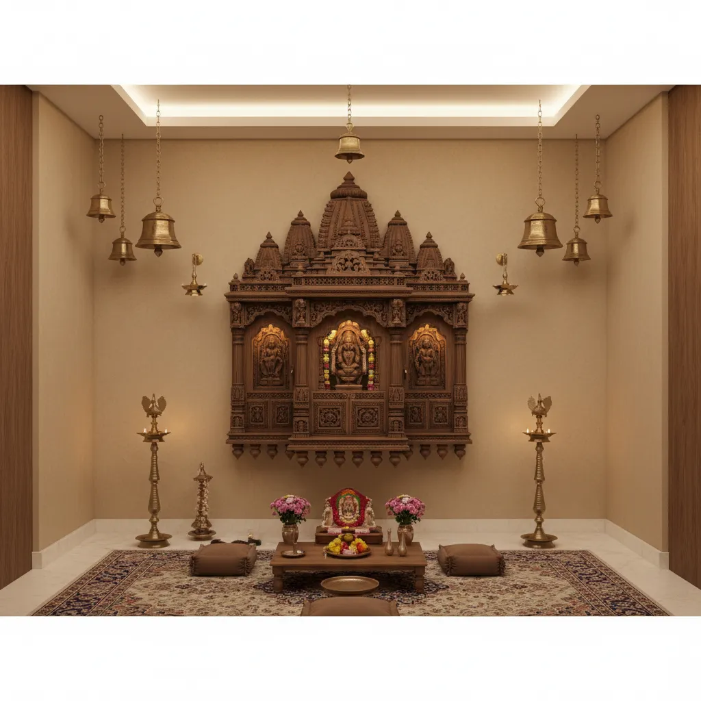 Temple room with sandalwood beige walls and wooden altar design