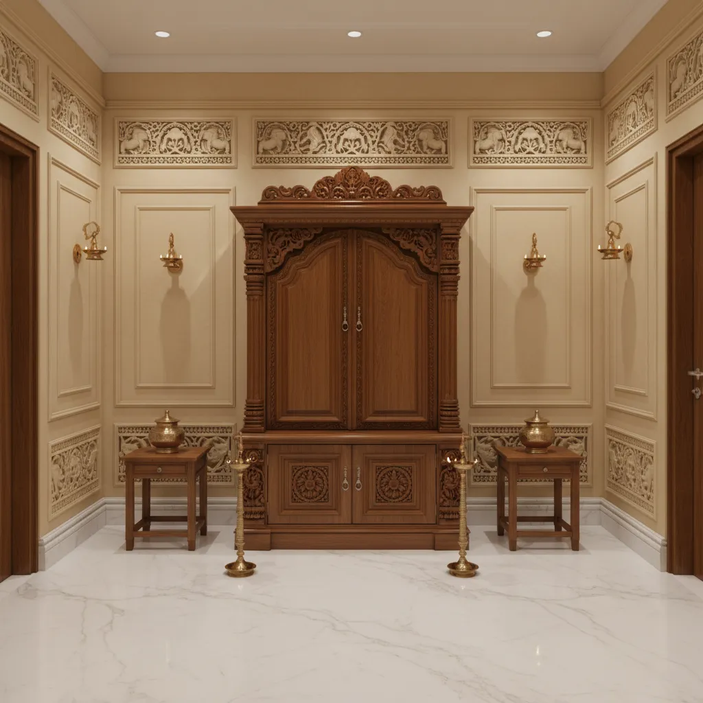 Warm beige sandalwood coloured pooja room with wooden temple and brass lamps