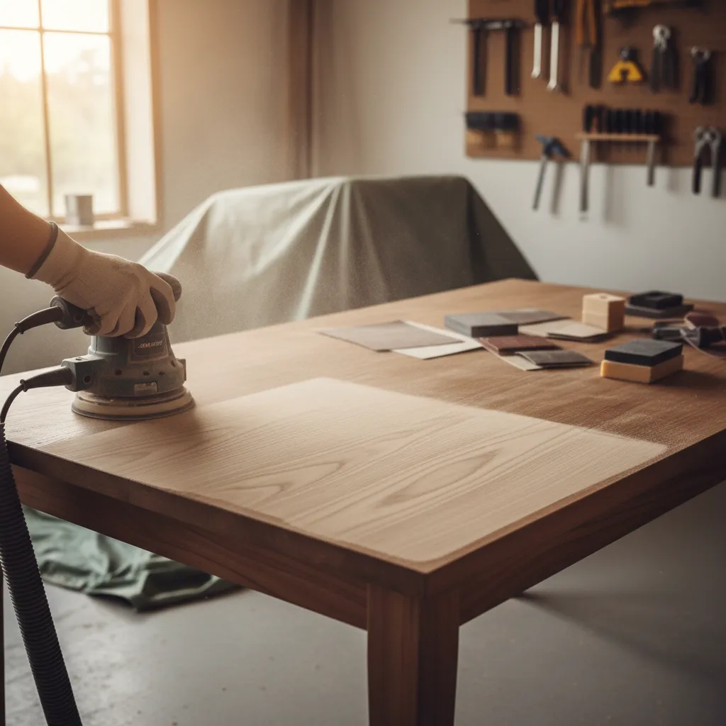 Refinishing process sanding a wooden dining table surface