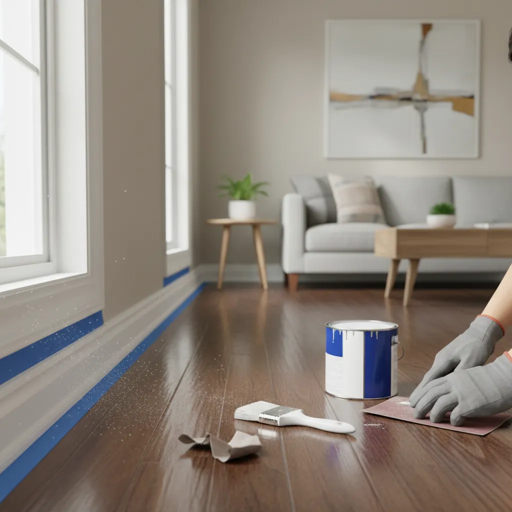Sanding and repainting cracked baseboard trim in living room