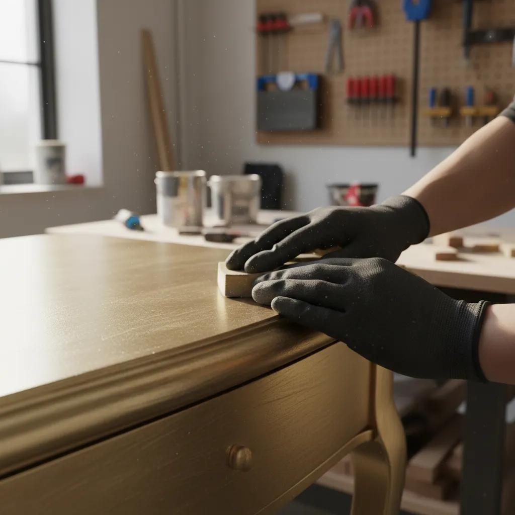 Hand sanding furniture surface between coats of metallic gold paint