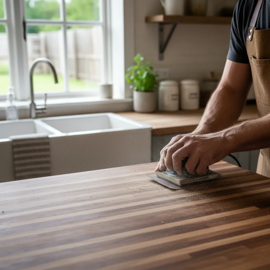 light sanding repair on butcher block kitchen countertop