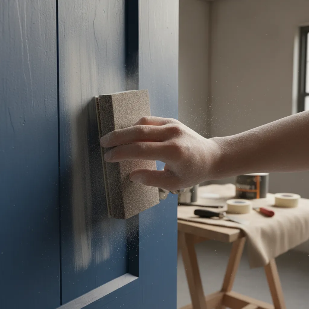 light sanding process removing brush marks from painted door