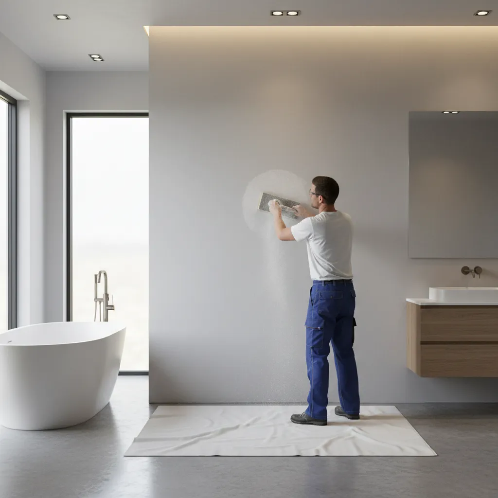 Contractor sanding drywall patch smooth before painting in bathroom