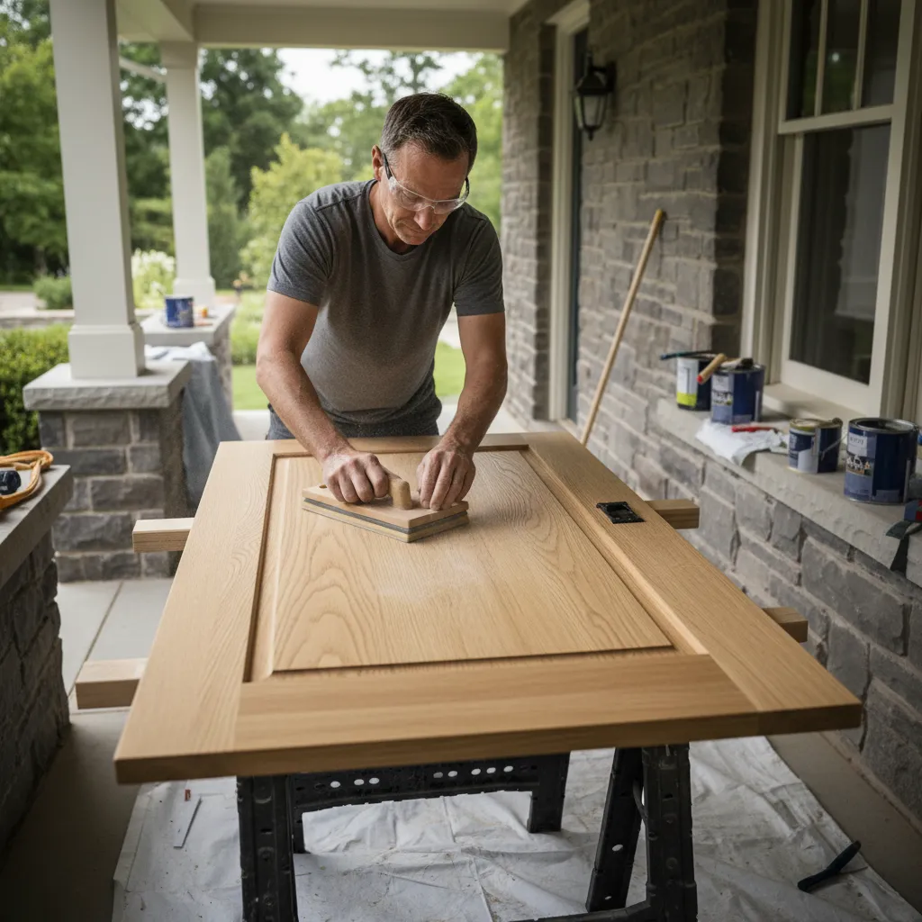 Preparing and sanding a wooden exterior door before repainting