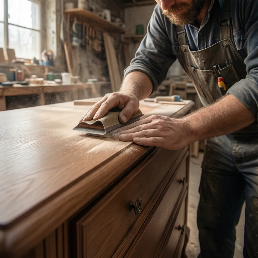 Light sanding of furniture surface before two tone paint masking