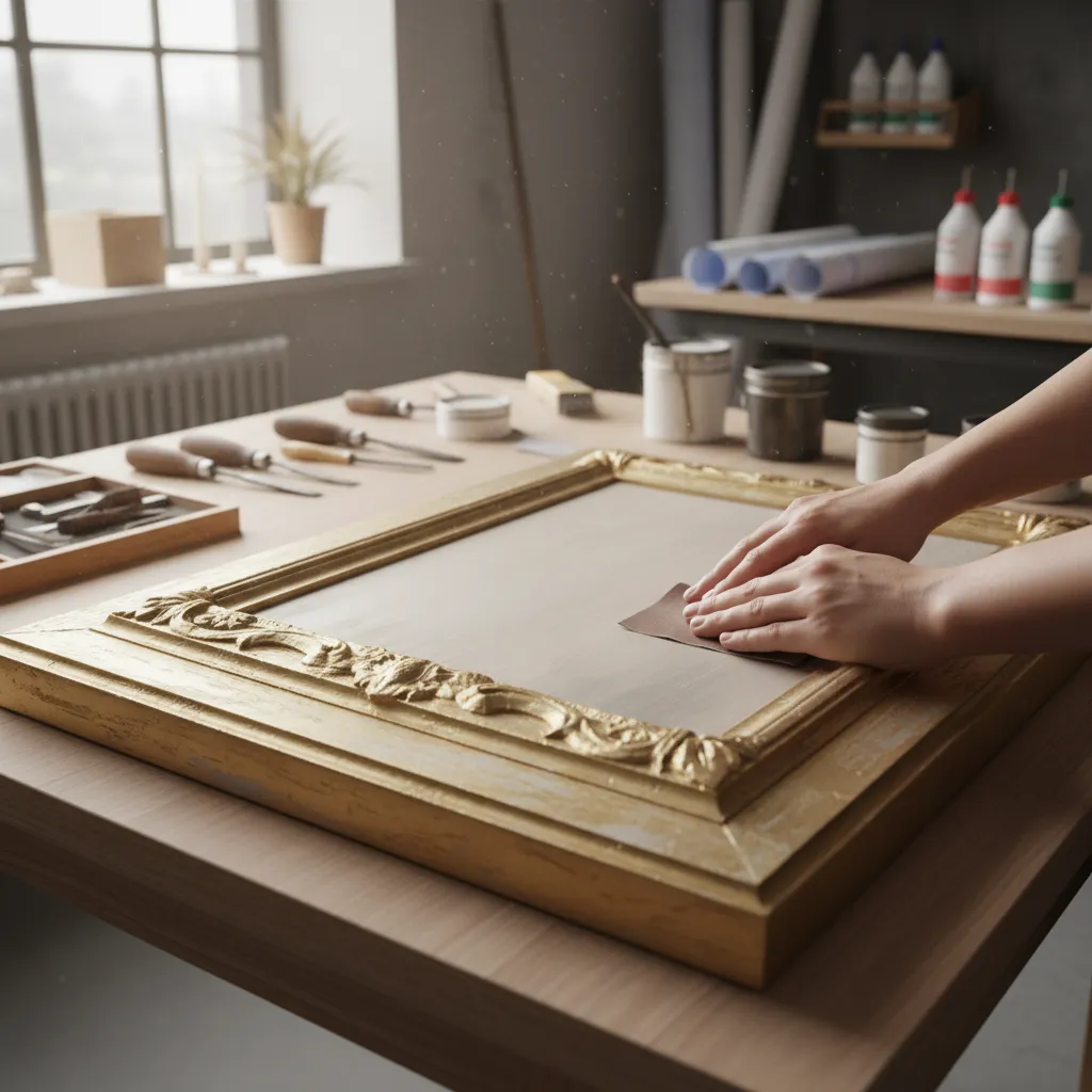 person lightly sanding gold painted furniture to fix uneven metallic finish