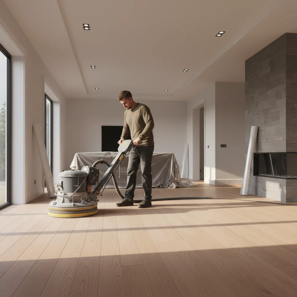 floor buffer sanding hardwood floor before polyurethane recoating