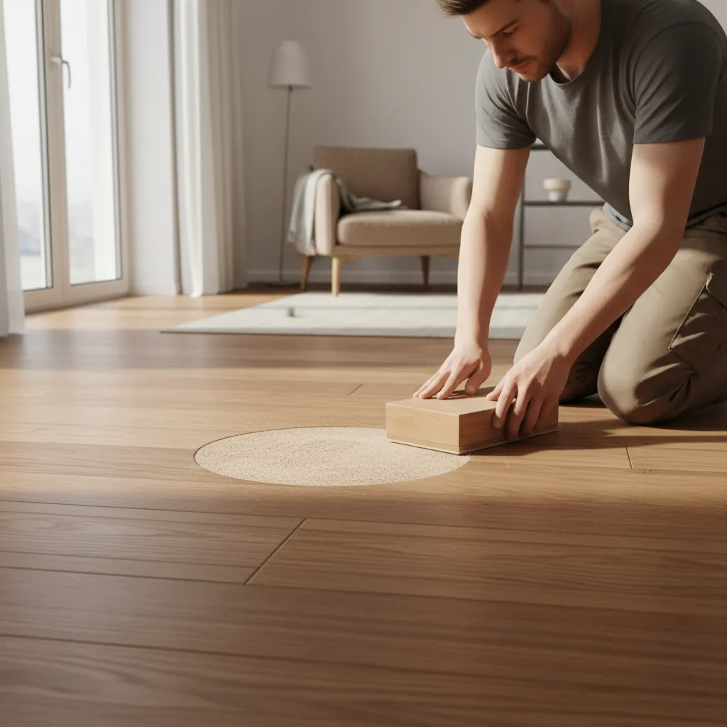 Sanding a repaired hardwood floor patch to blend with surrounding boards