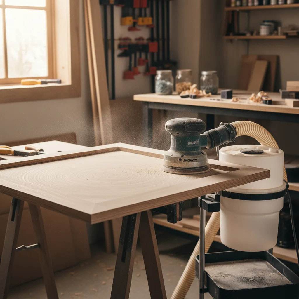 orbital sander preparing cabinet doors for painting