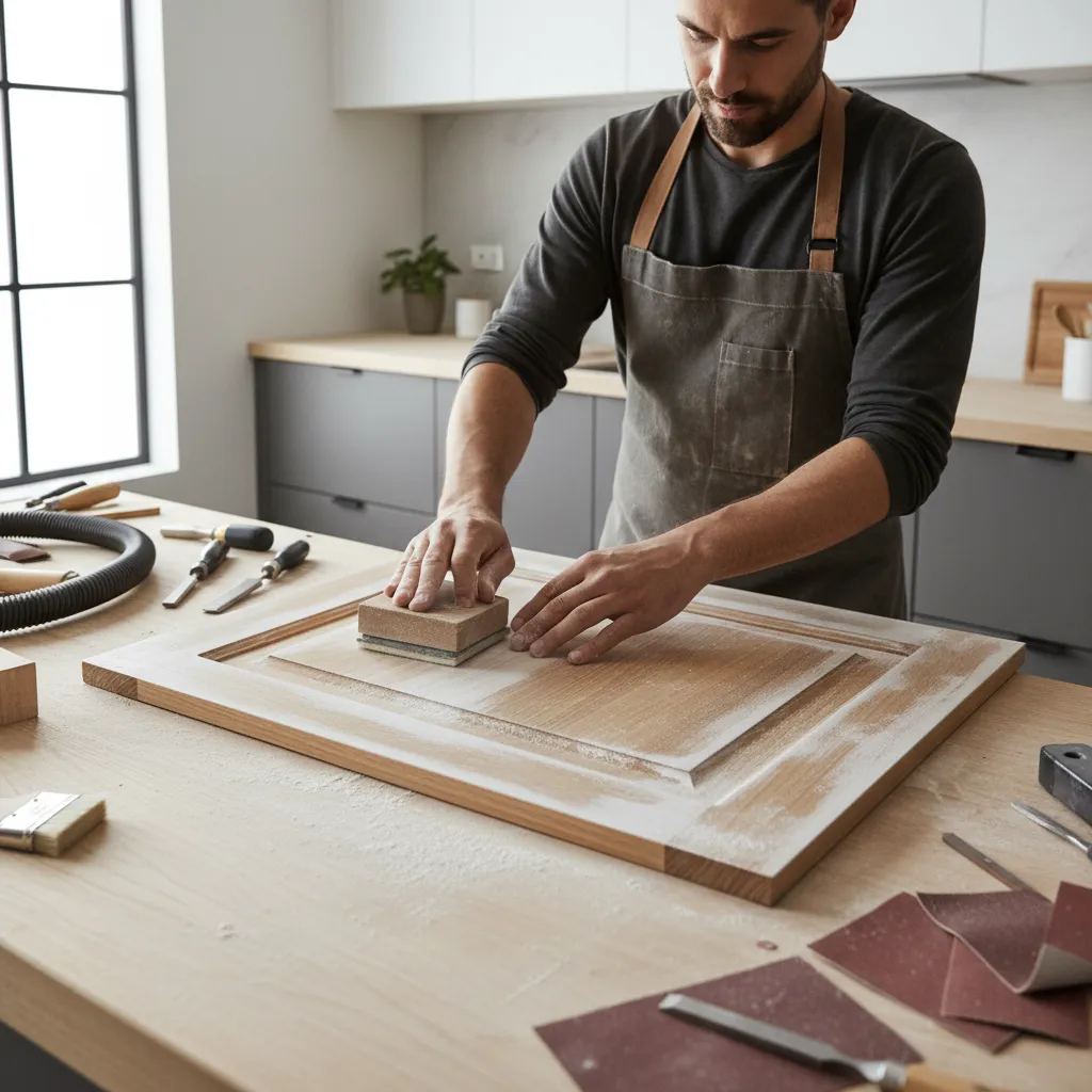 sanding cabinet door to remove peeling paint before repainting
