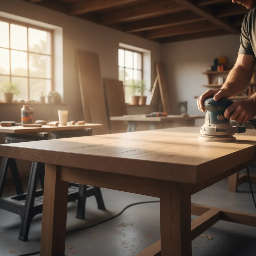 Person sanding a wooden kitchen table during refinishing preparation