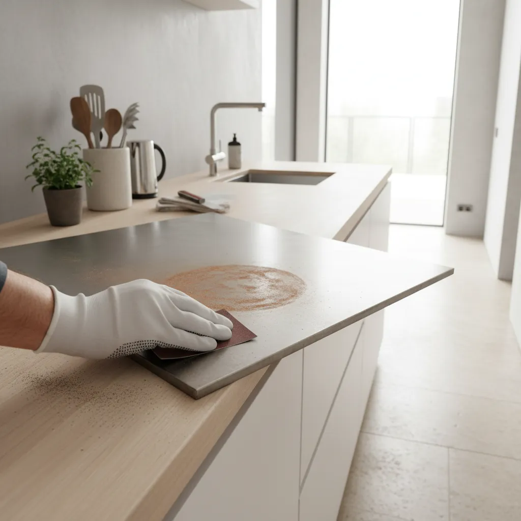 Person wearing white glove sanding rust off metal panel placed on light wooden kitchen counter