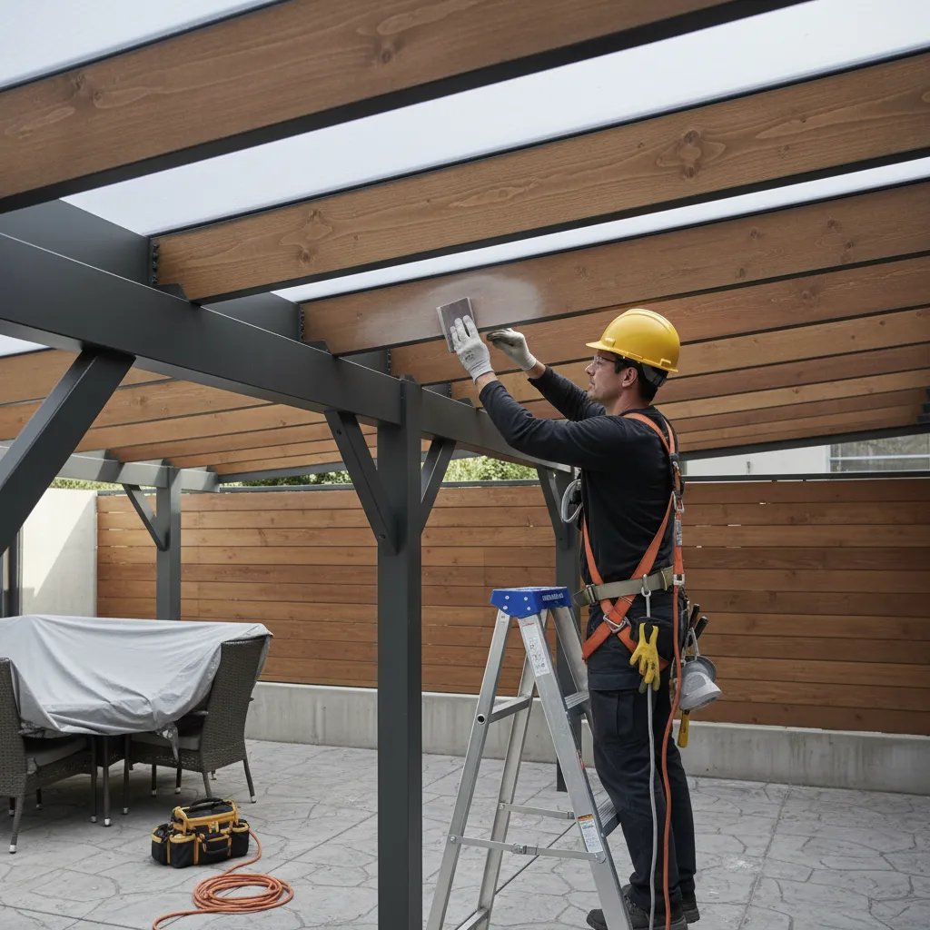 Worker lightly sanding polycarbonate roof panel surface before repainting
