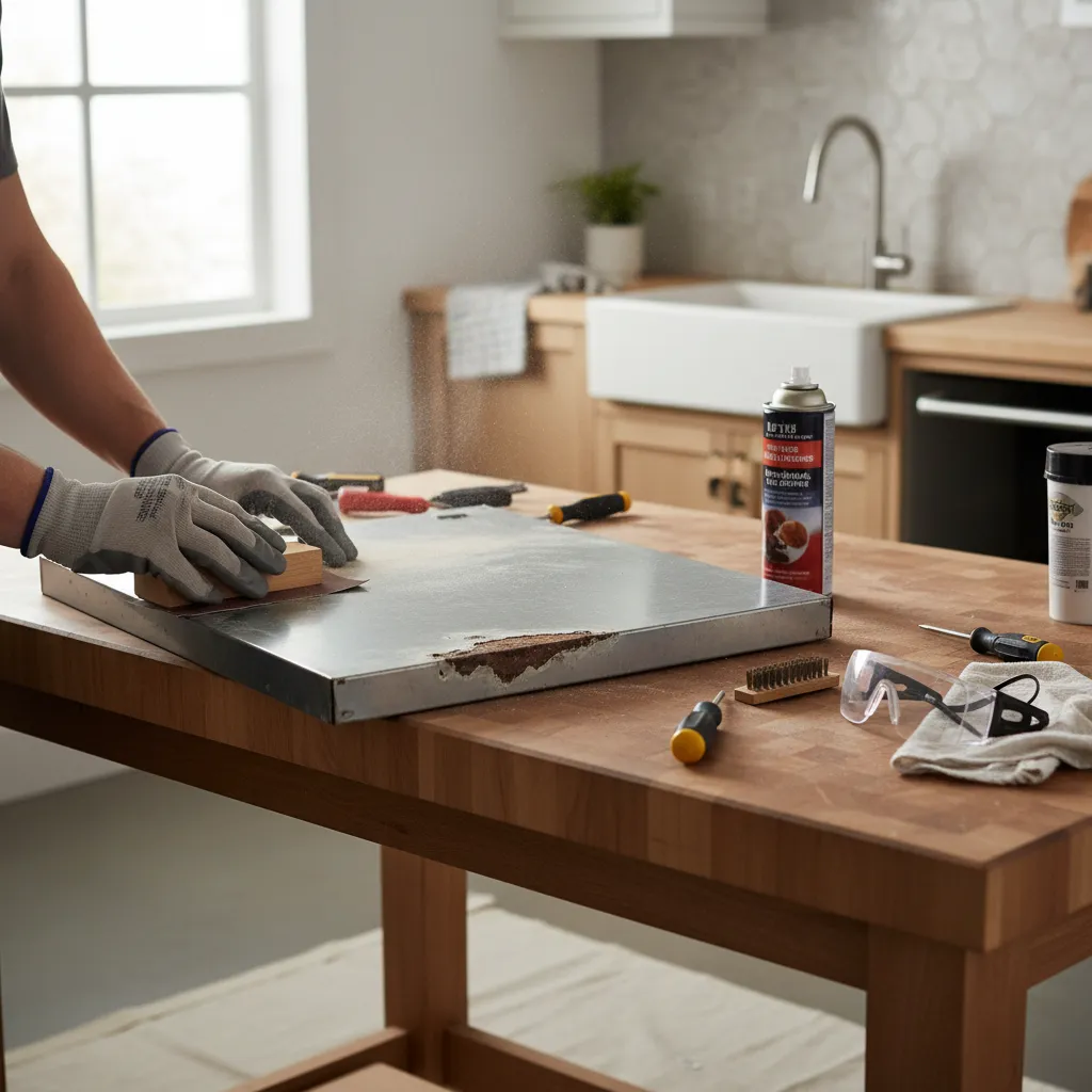 hand sanding rust from metal kitchen cabinet before repainting