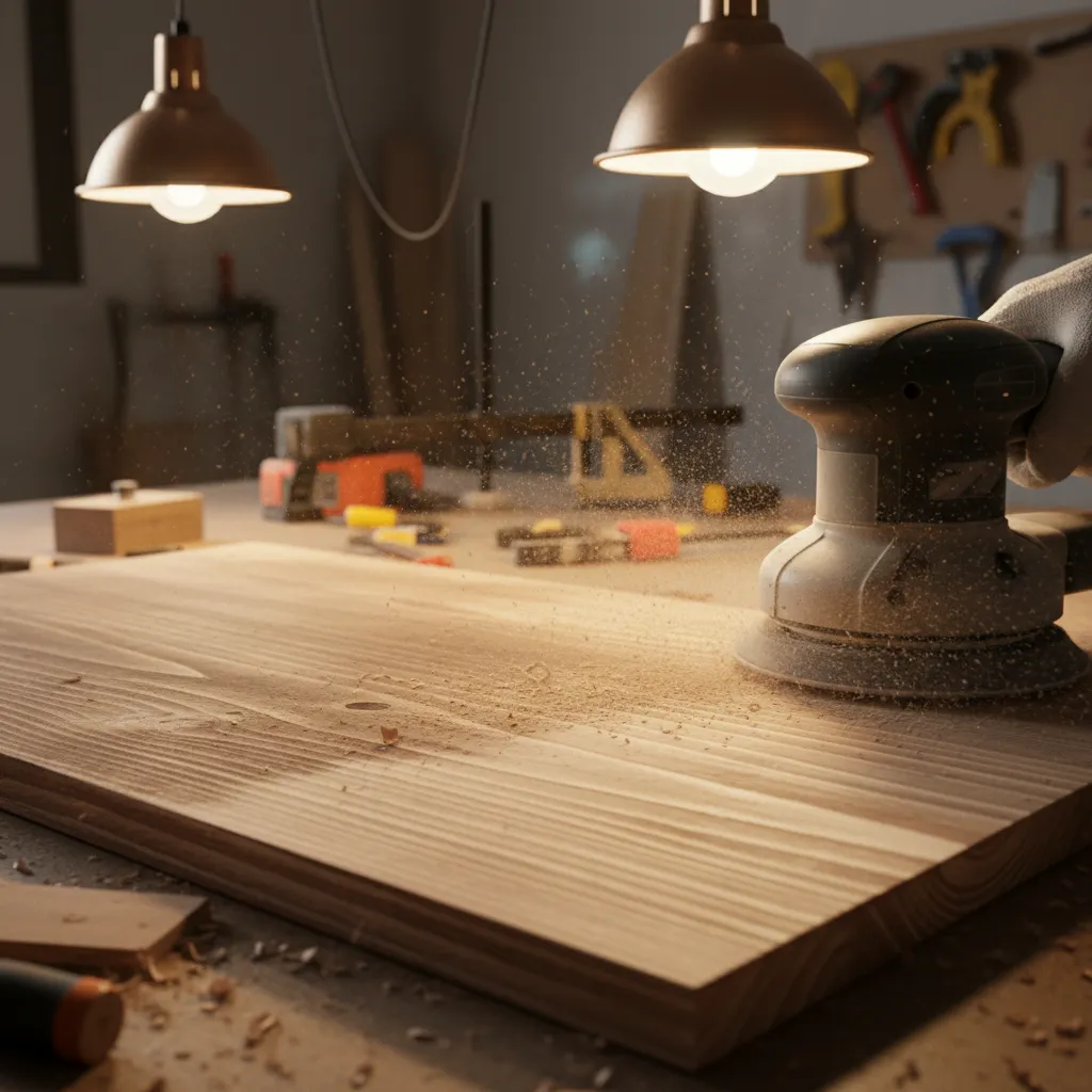Close view of sanding stained wood surface revealing lighter tone