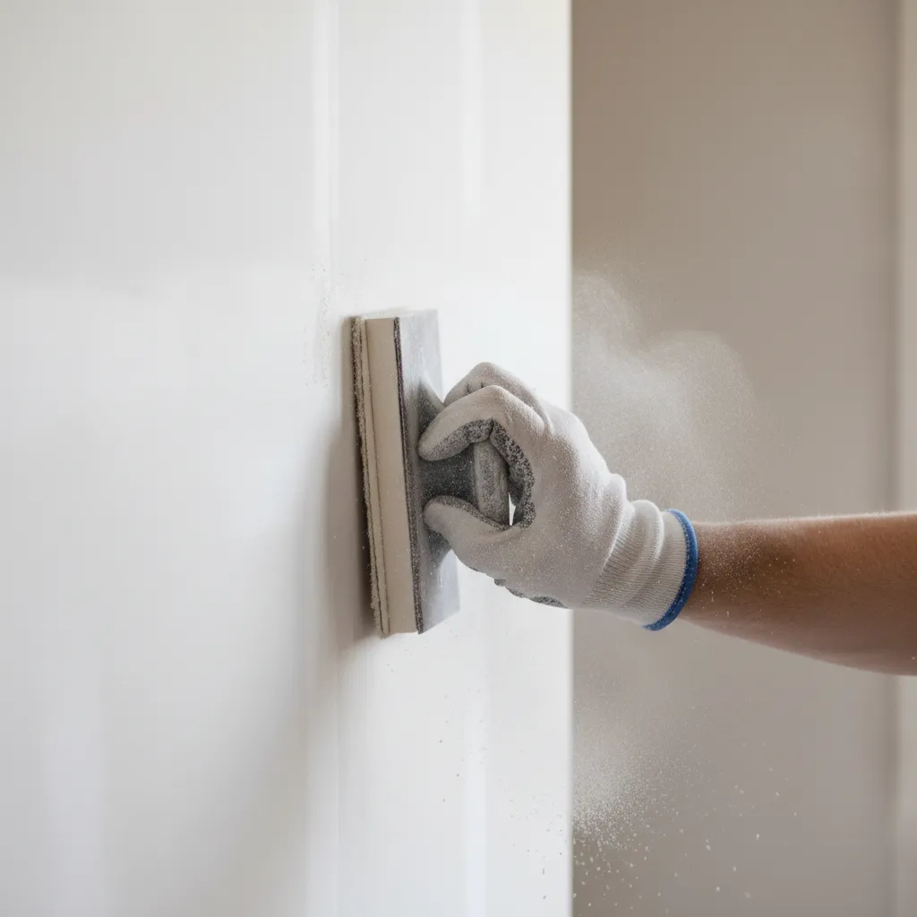 Hand sanding uneven drywall patch with sanding block