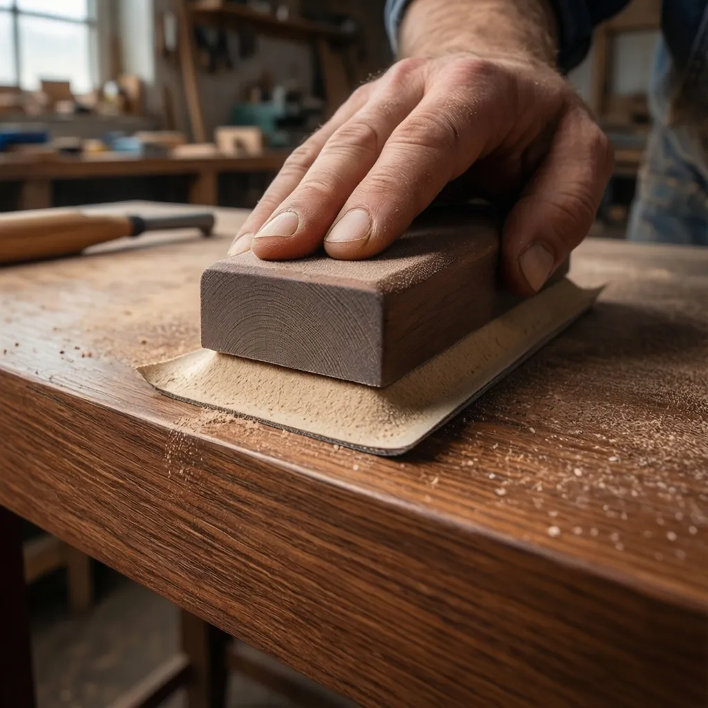 close up of sanding wood surface to lighten dark stain