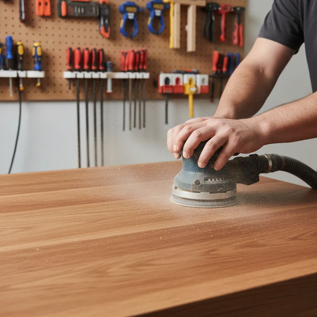 orbital sander removing wood stain from furniture surface