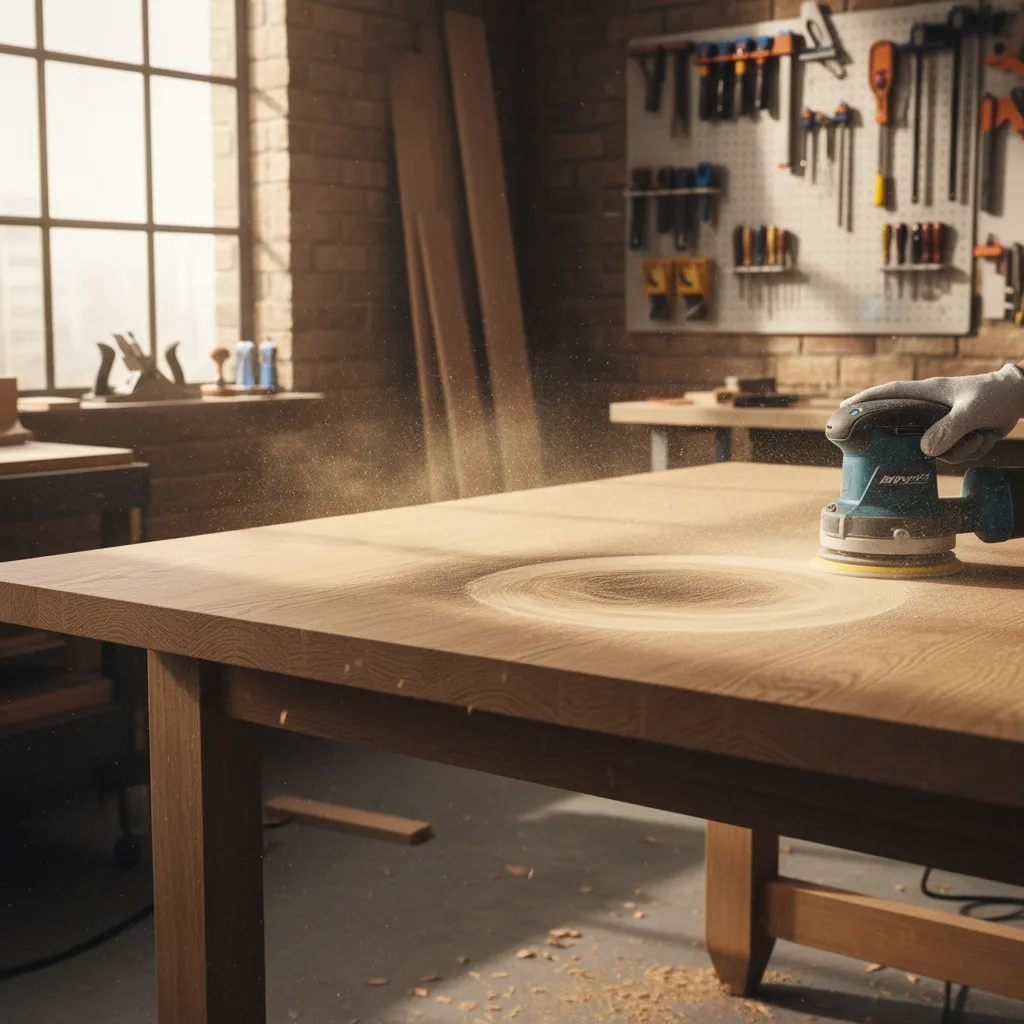 orbital sander removing stain from wooden tabletop