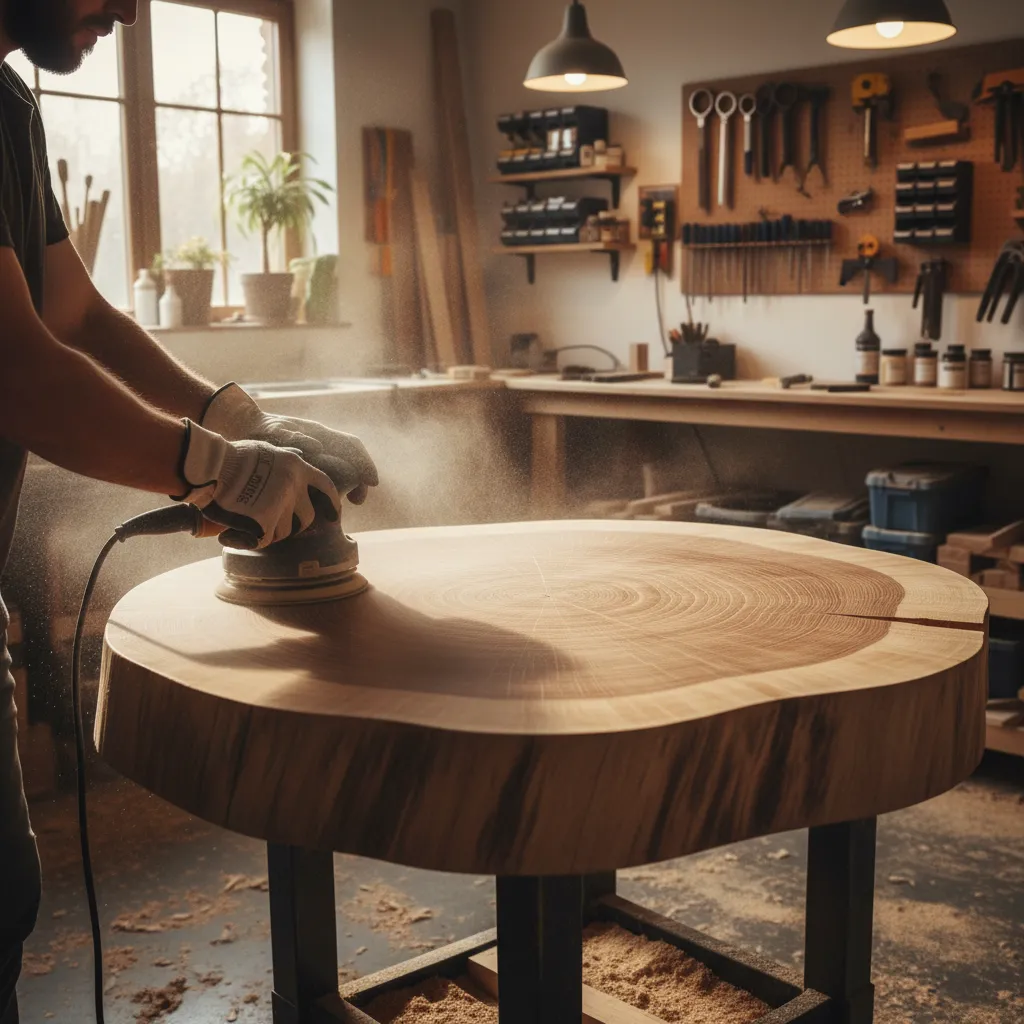 DIY sanding process preparing wood stump table surface before finishing