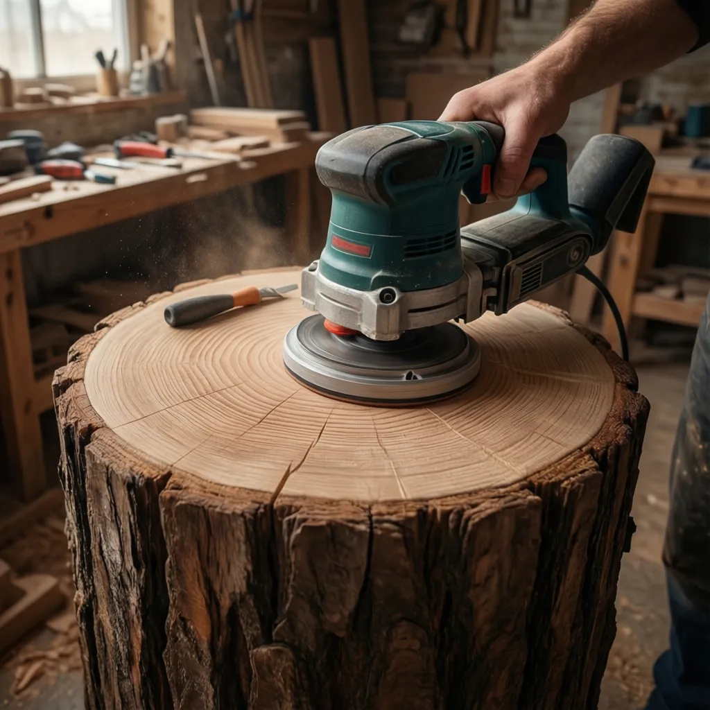 sanding the surface of a wood stump table with orbital sander