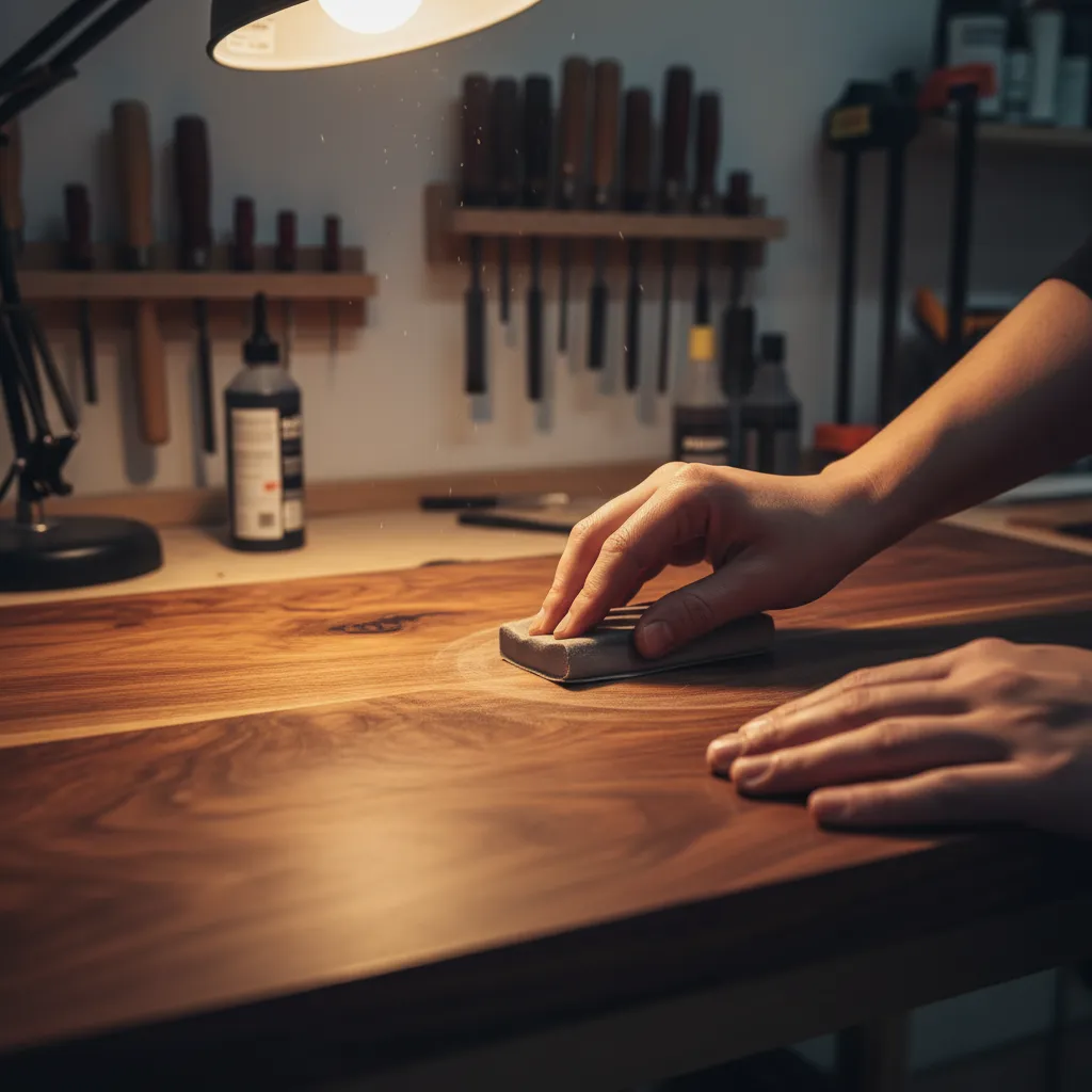 Person lightly sanding stained wood surface to correct color