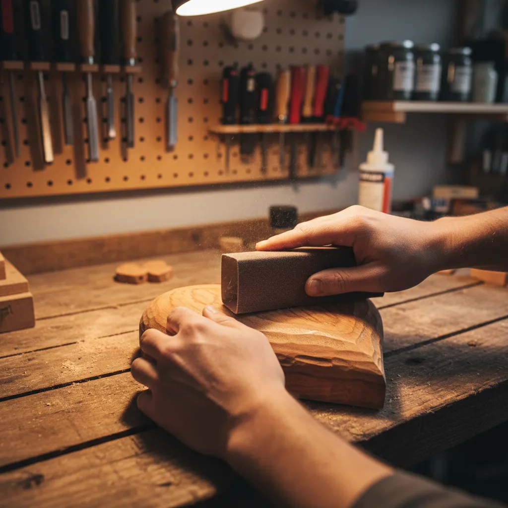 person sanding the edges of a wooden heart craft with a sanding block