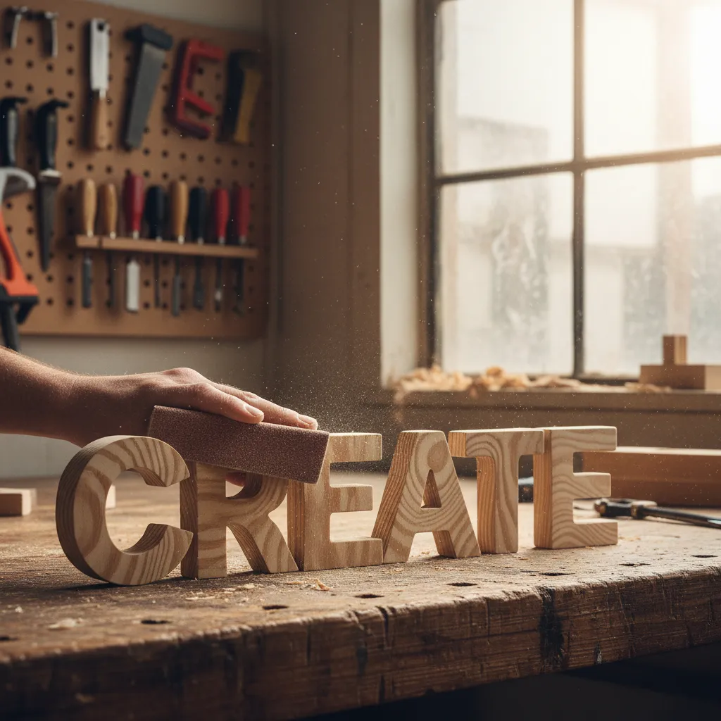 smoothing wooden craft letters with sandpaper before painting