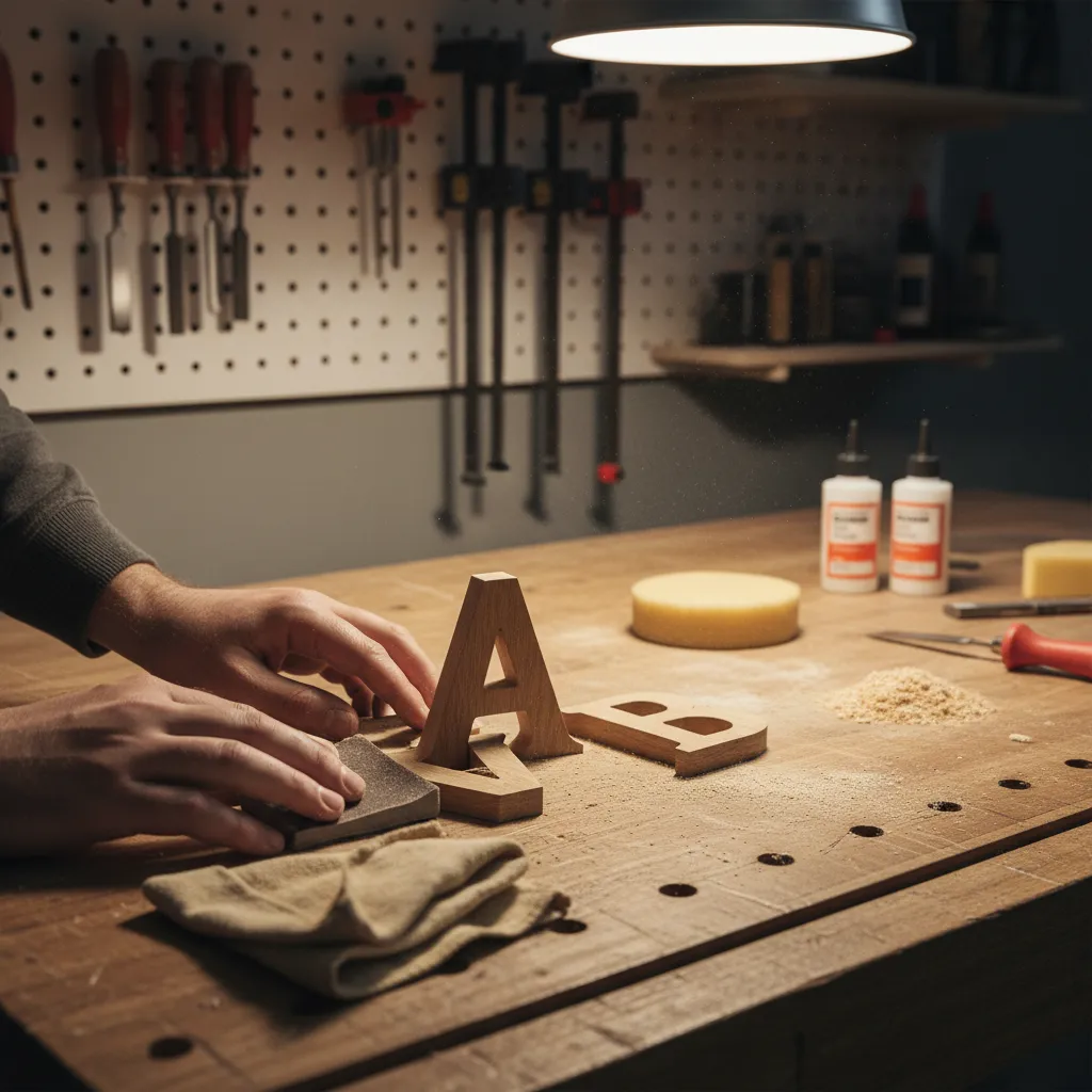 hands sanding wooden craft letters on a work table before painting