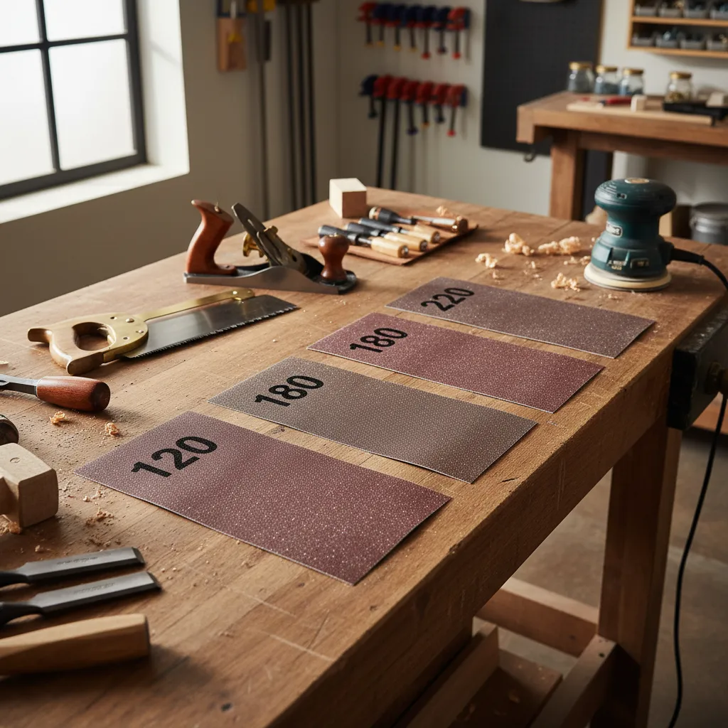 Different sandpaper grits used for removing wood stain