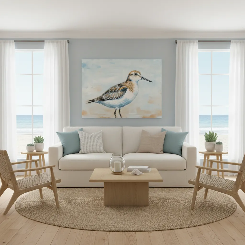 Coastal living room with sandpiper wall art above a light sofa