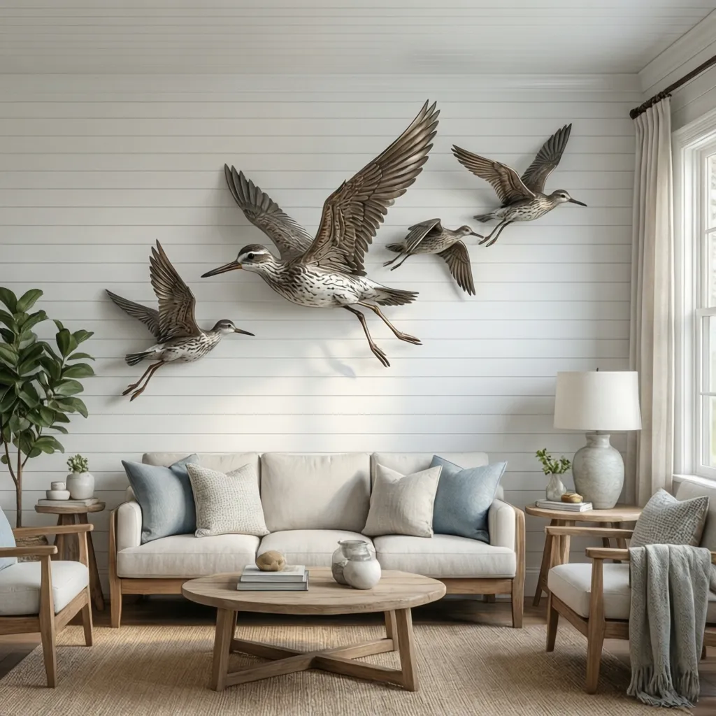 metal sandpiper wall sculpture arranged as flying birds on coastal living room wall
