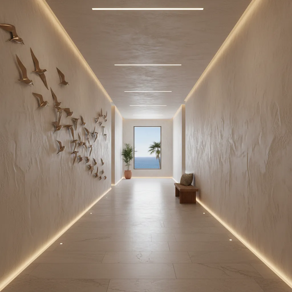 Metal sandpiper wall sculpture installation in a boutique coastal hotel