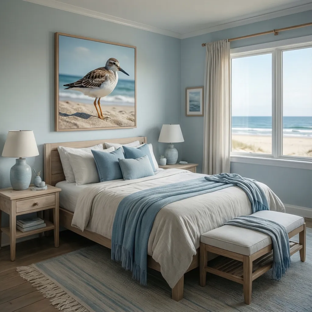 sandpiper wall art above bed in a soft coastal style bedroom