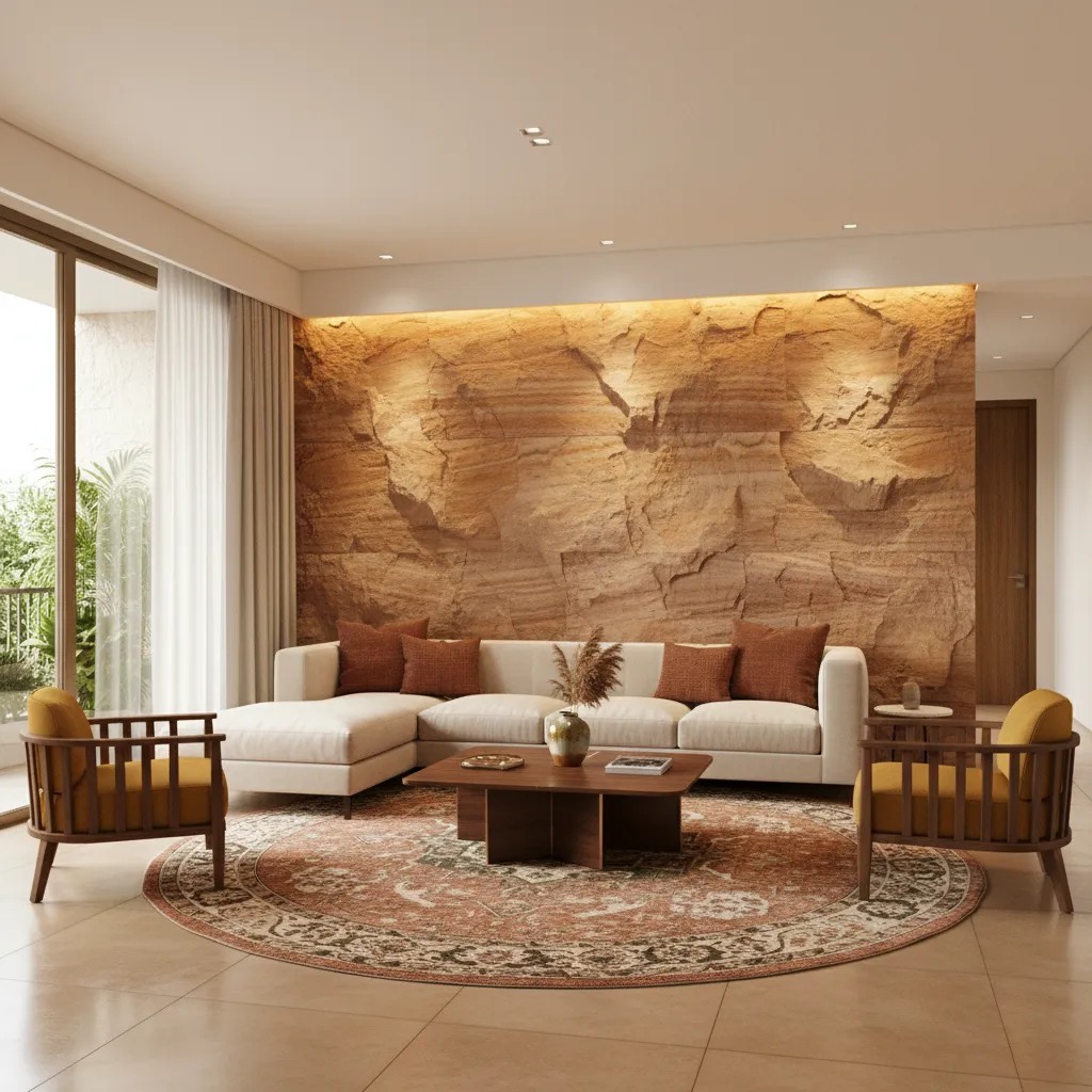 sandstone texture accent wall in contemporary living room