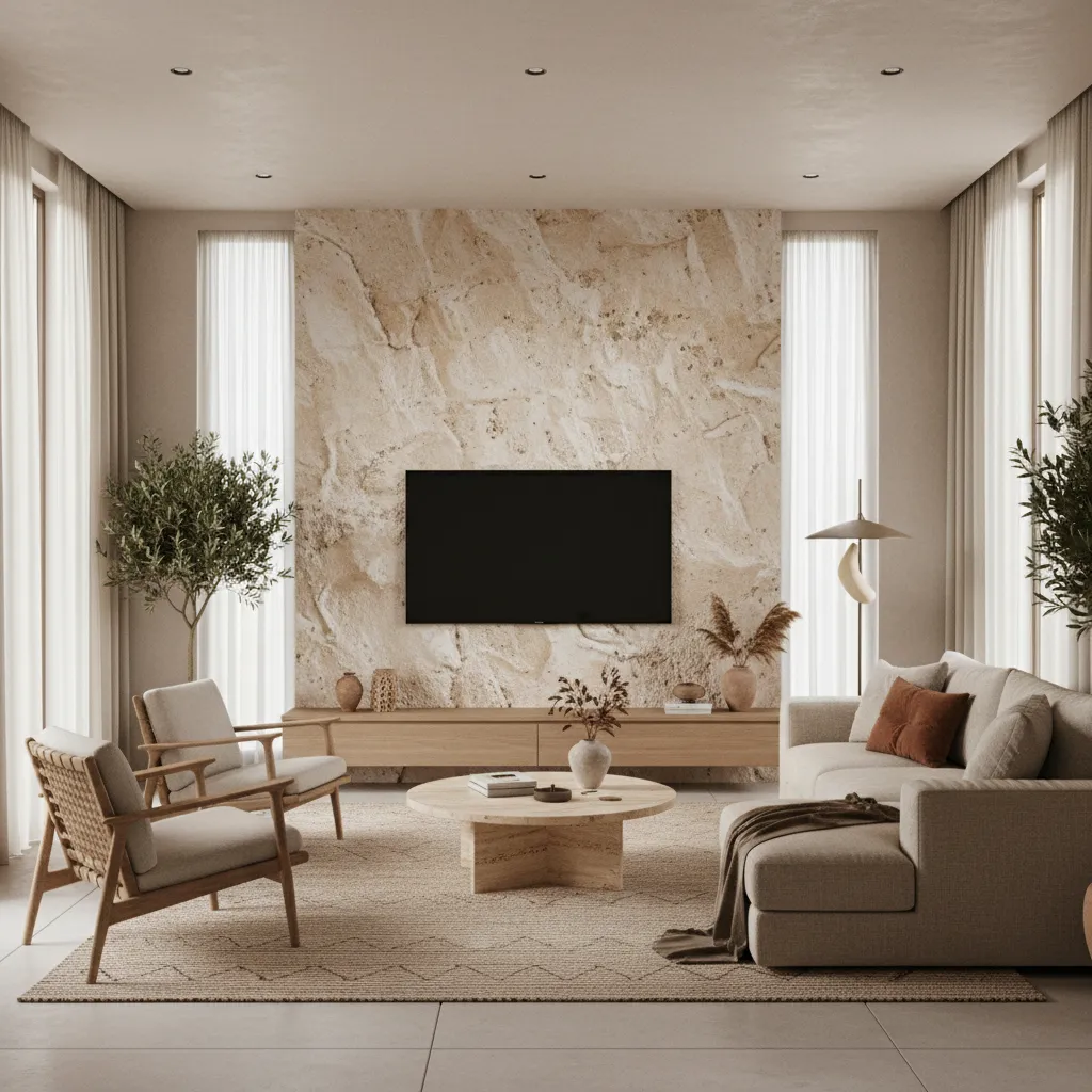 Sandstone textured paint wall behind TV in contemporary living room