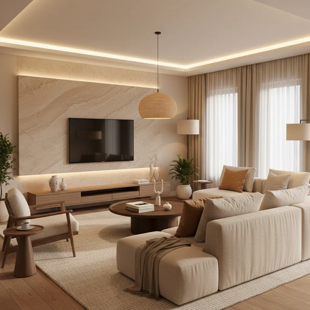 Warm sandstone texture paint TV wall in a cozy living room hall