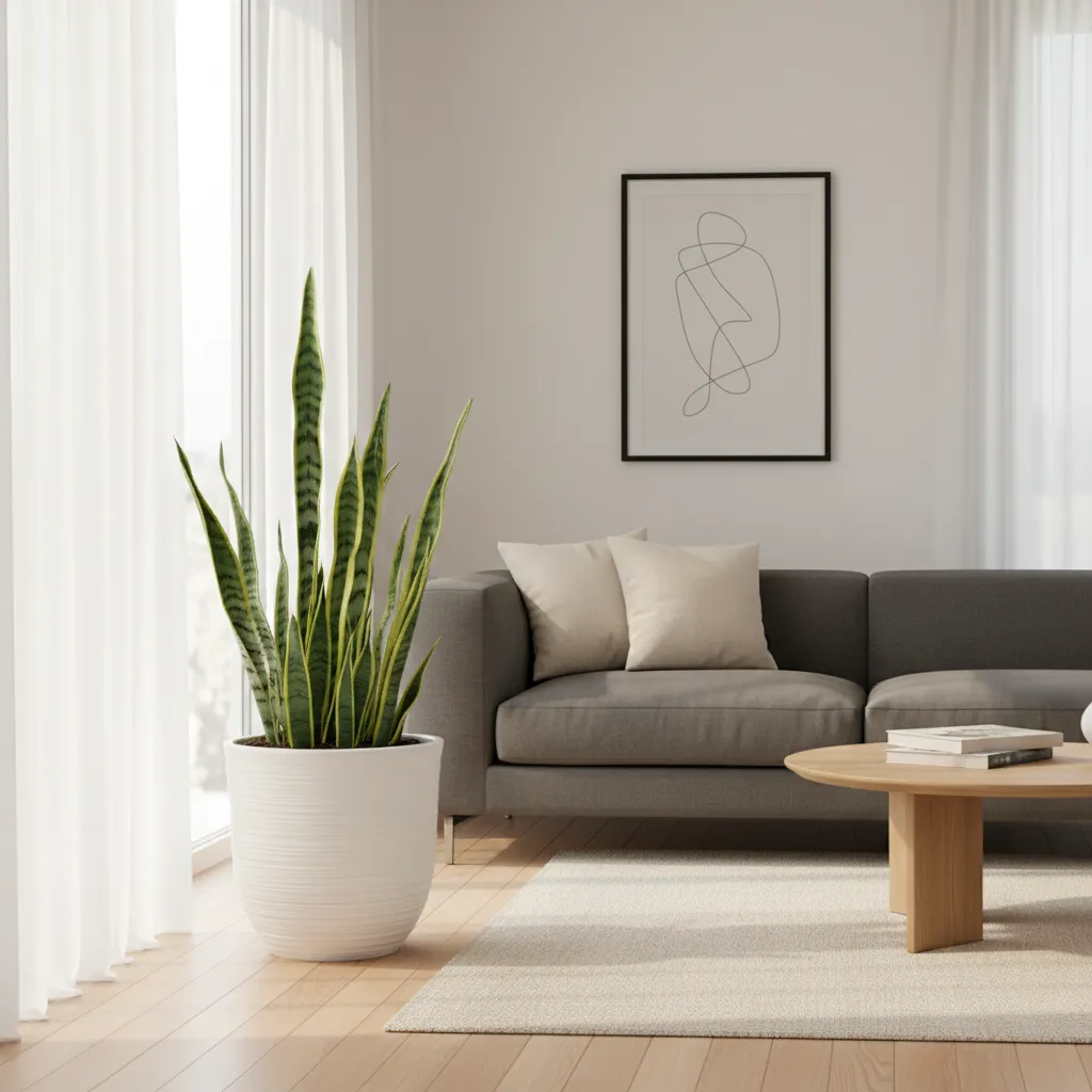 Sansevieria en maceta decorativa en esquina de salón