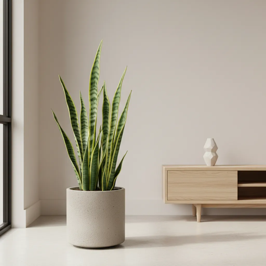 Green snake plant in a grey pot standing on a floor next to a cabinet