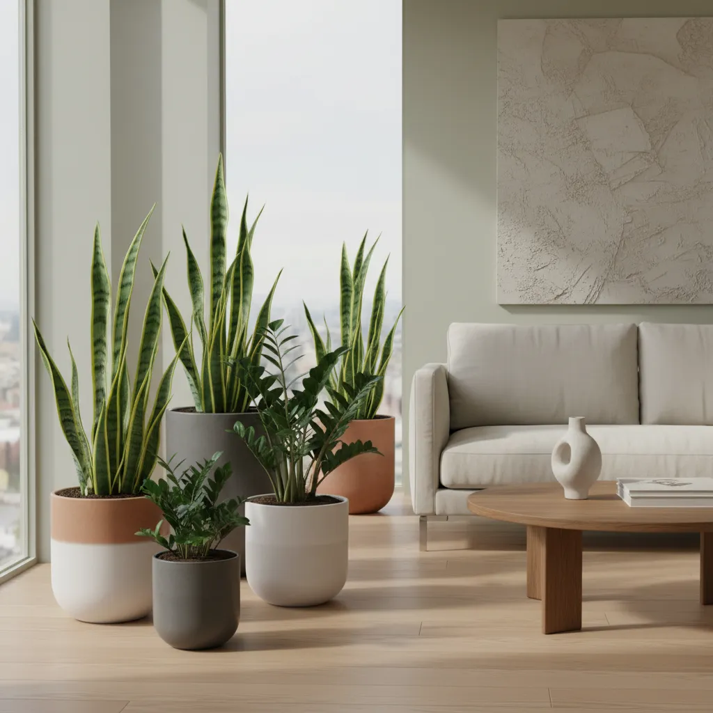 Plantas sansevieria y zamioculcas en macetas modernas dentro de una casa