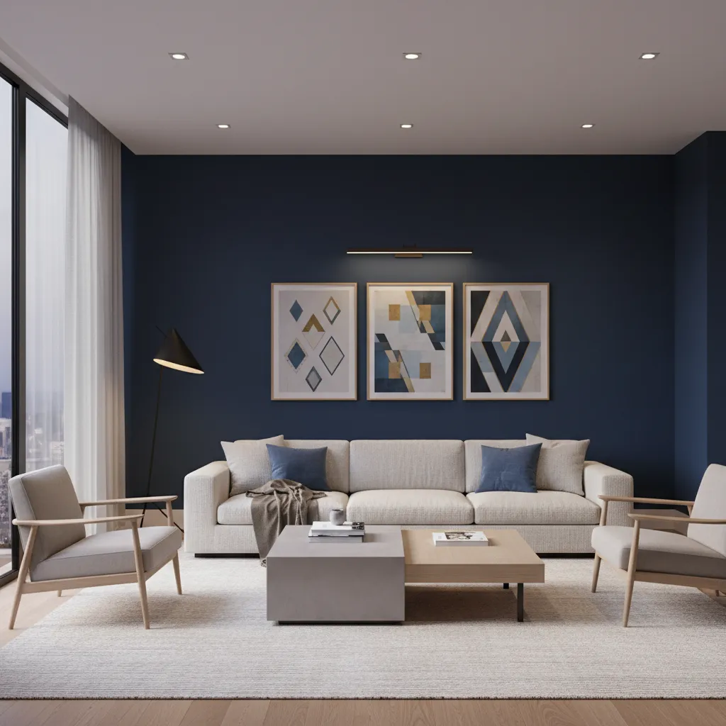 Living room with deep navy Sapphire Salute accent wall behind sofa