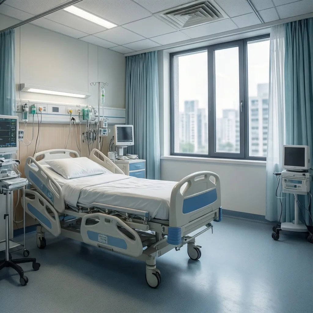 Modern hospital room with single medical bed monitoring equipment blue curtains and large window view