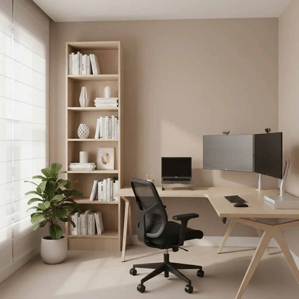 modern home office with satin finish painted walls and desk setup