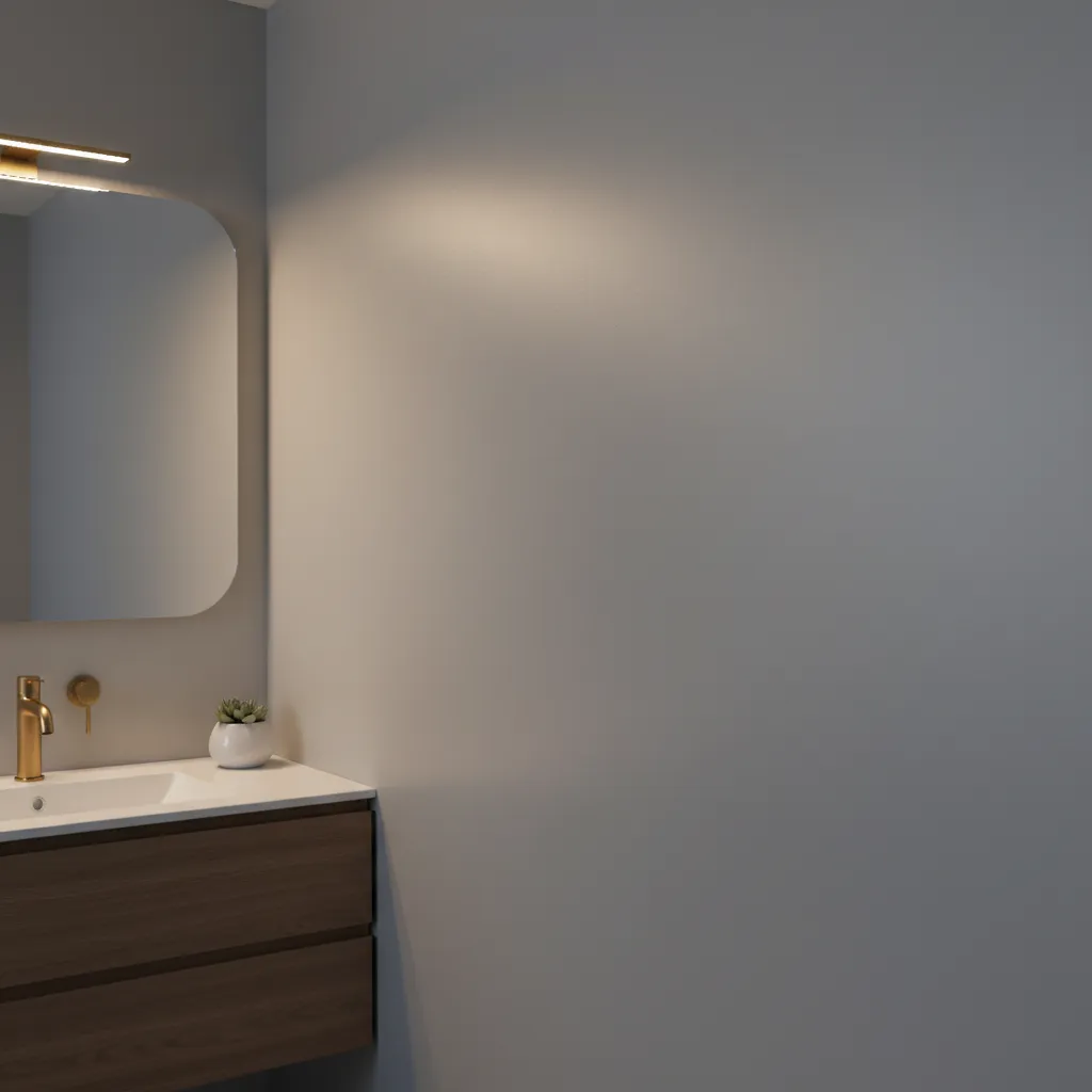 Close view of gray bathroom wall with satin paint finish reflecting soft light