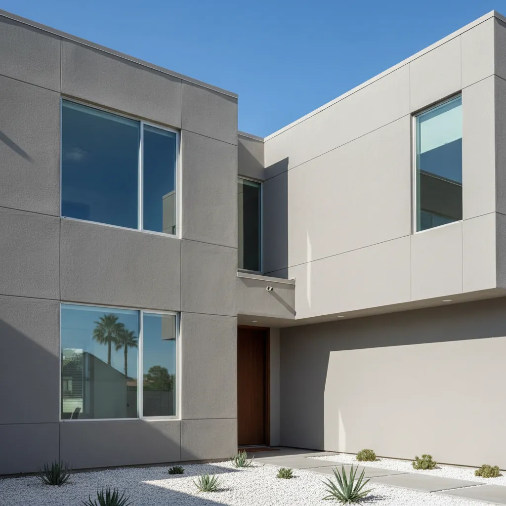 Modern home exterior with satin finish stucco reflecting sunlight
